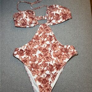 Abercrombie & Fitch White One-Piece Swimsuit with Rust Floral Print